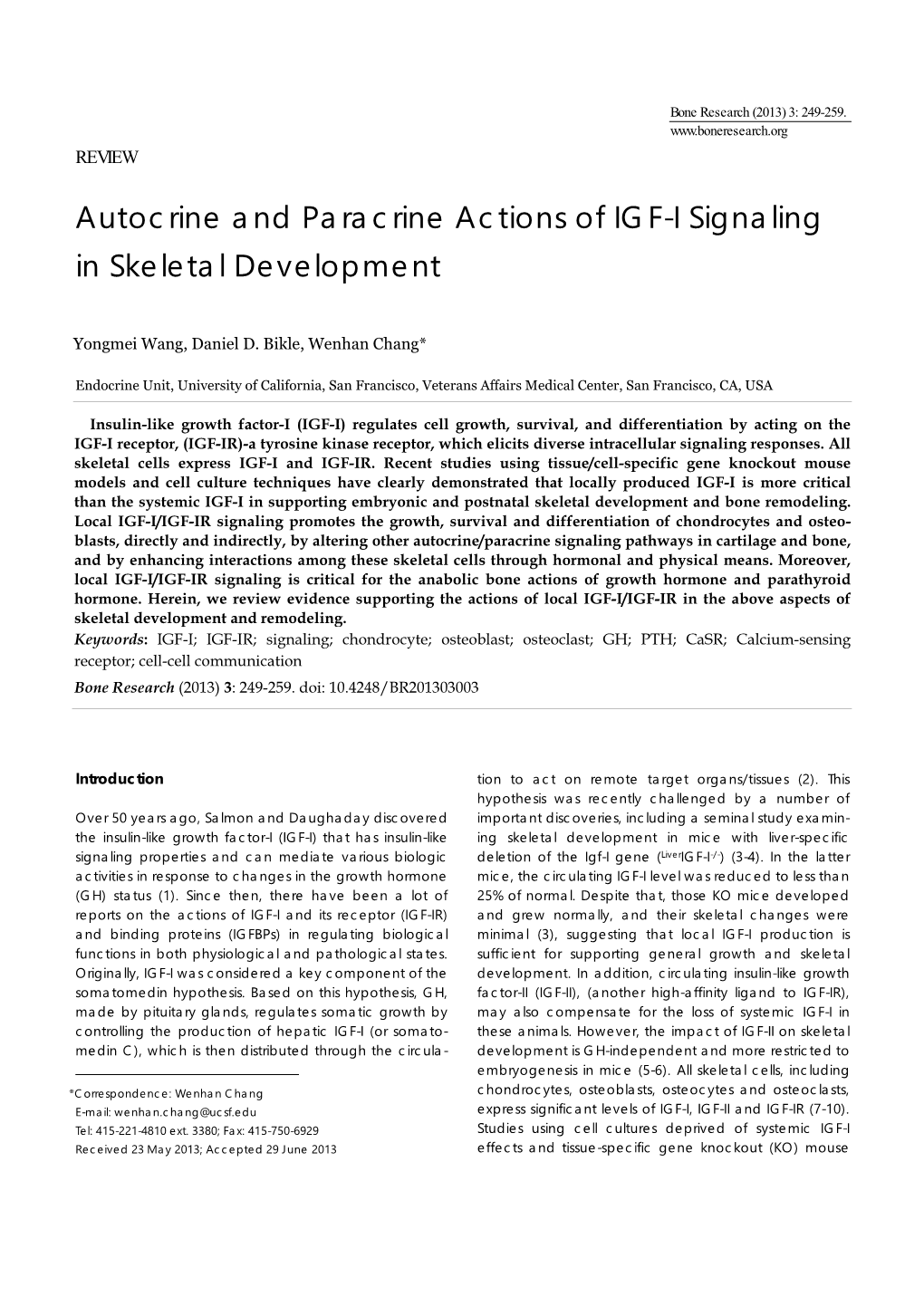 Autocrine and Paracrine Actions of IGF-I Signaling in Skeletal Development
