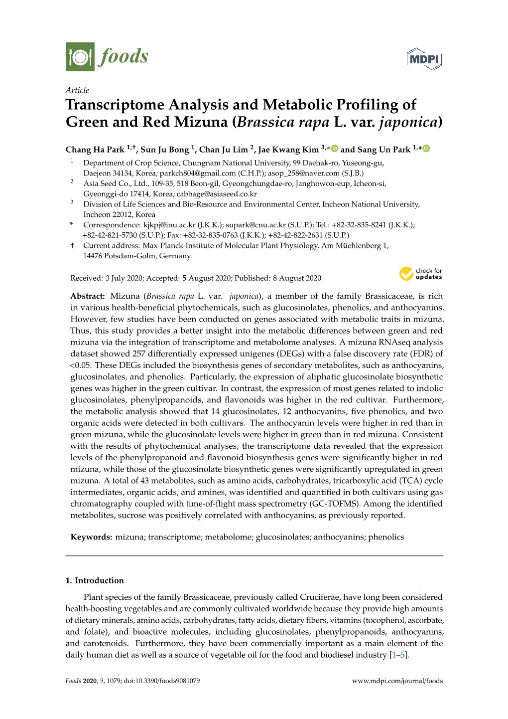 Transcriptome Analysis and Metabolic Profiling of Green and Red Mizuna (Brassica Rapa L