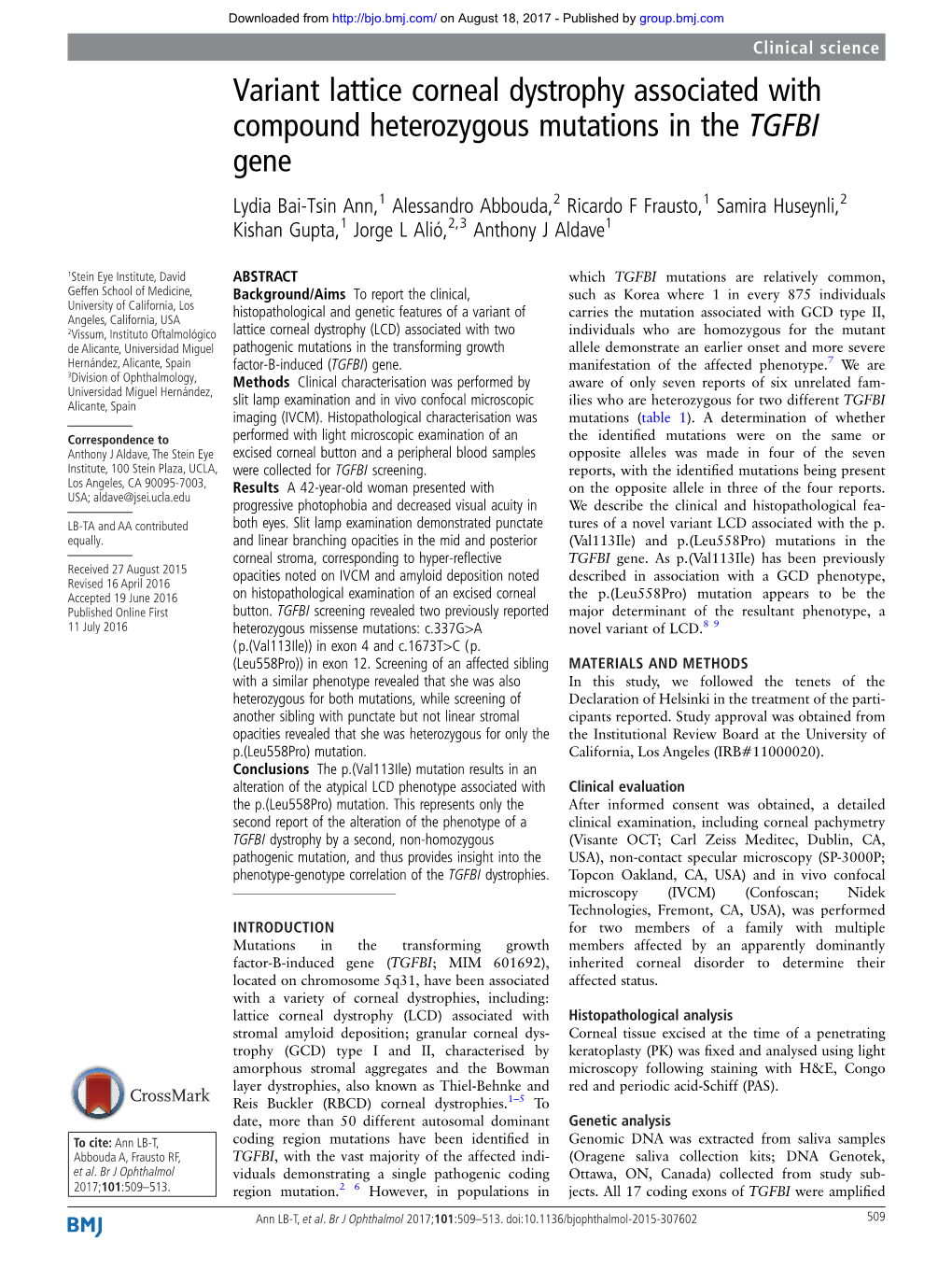 Variant Lattice Corneal Dystrophy Associated with Compound Heterozygous Mutations in the TGFBI Gene