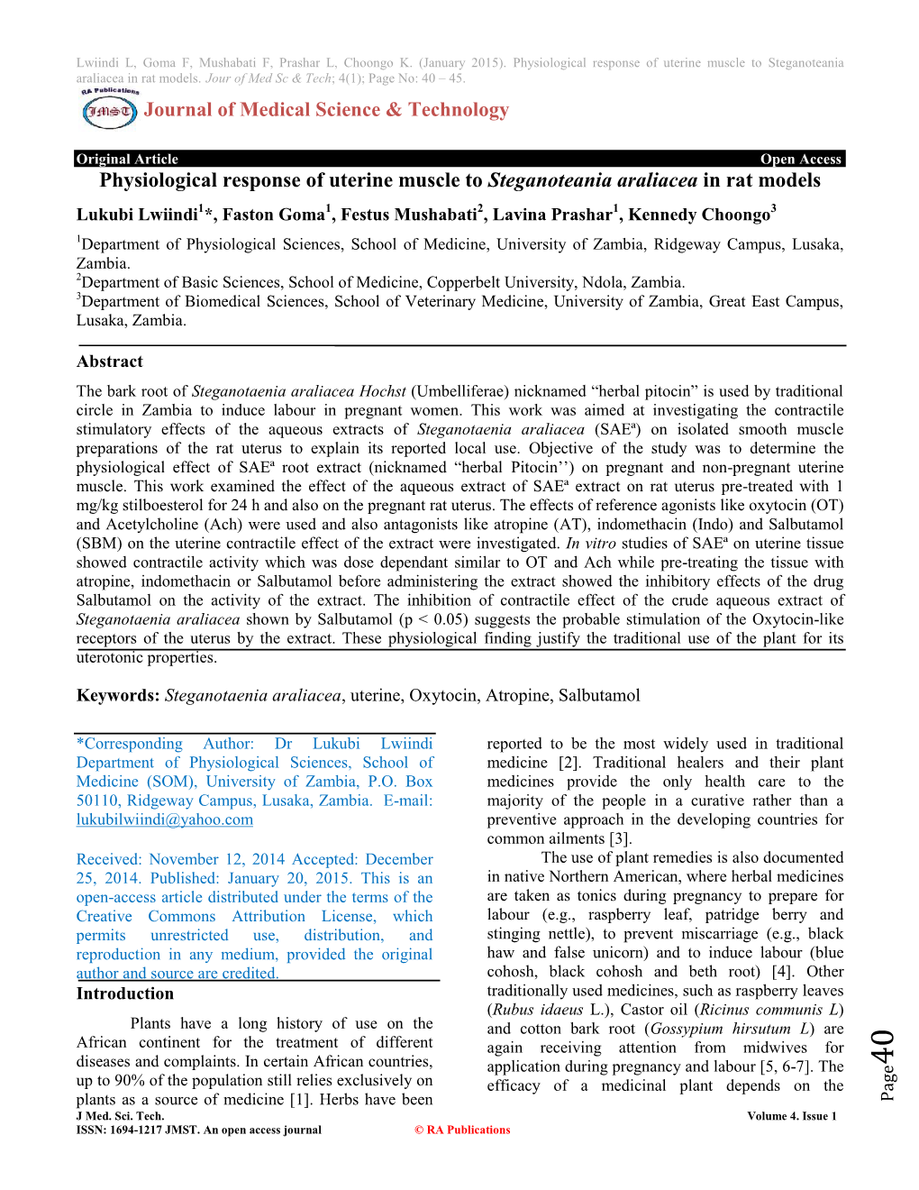 Physiological Response of Uterine Muscle to Steganoteania Araliacea in Rat Models