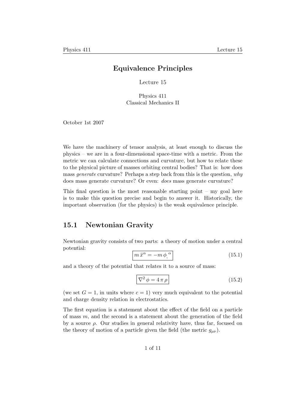 Equivalence Principles 15.1 Newtonian Gravity