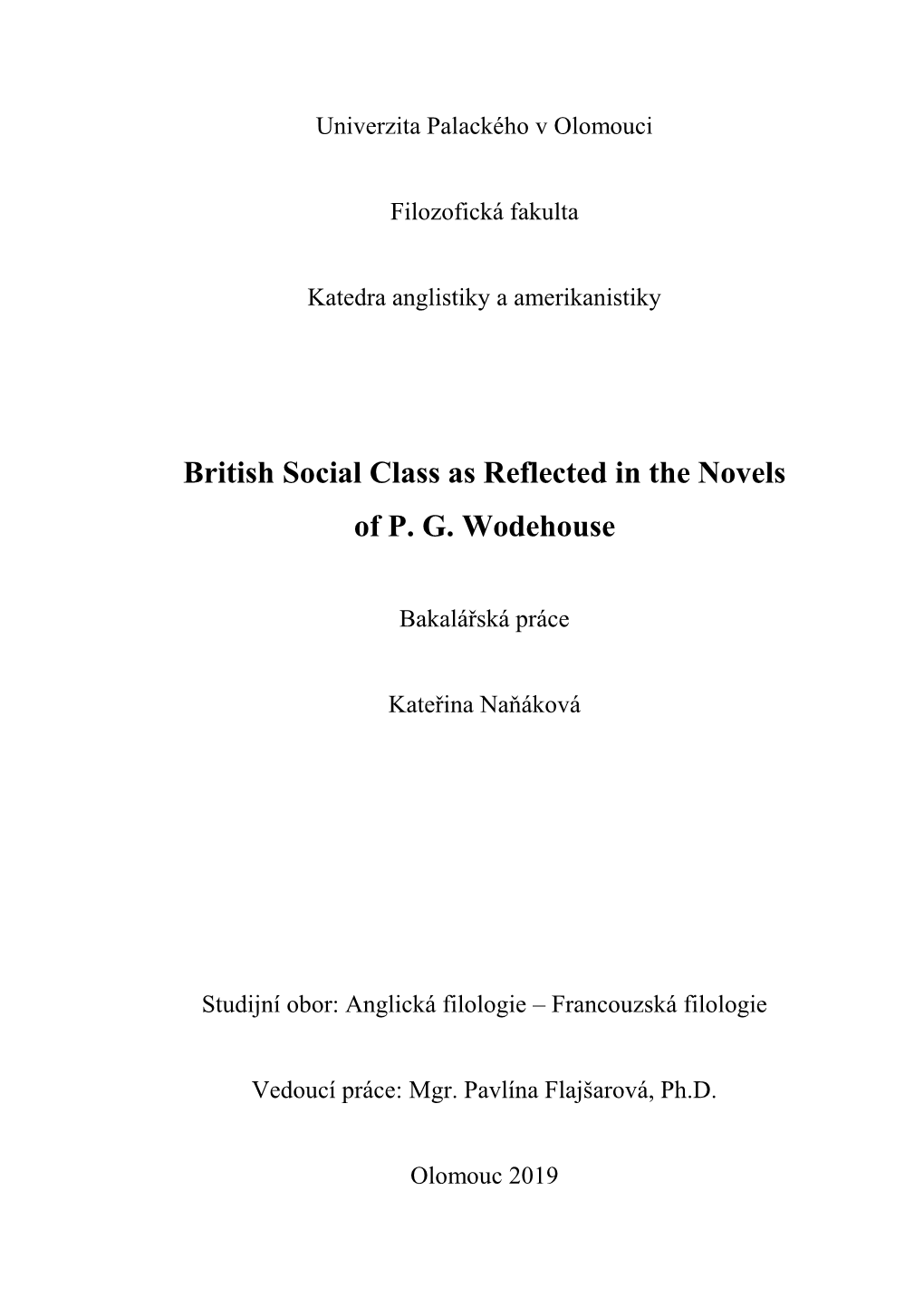 British Social Class As Reflected in the Novels of P. G. Wodehouse