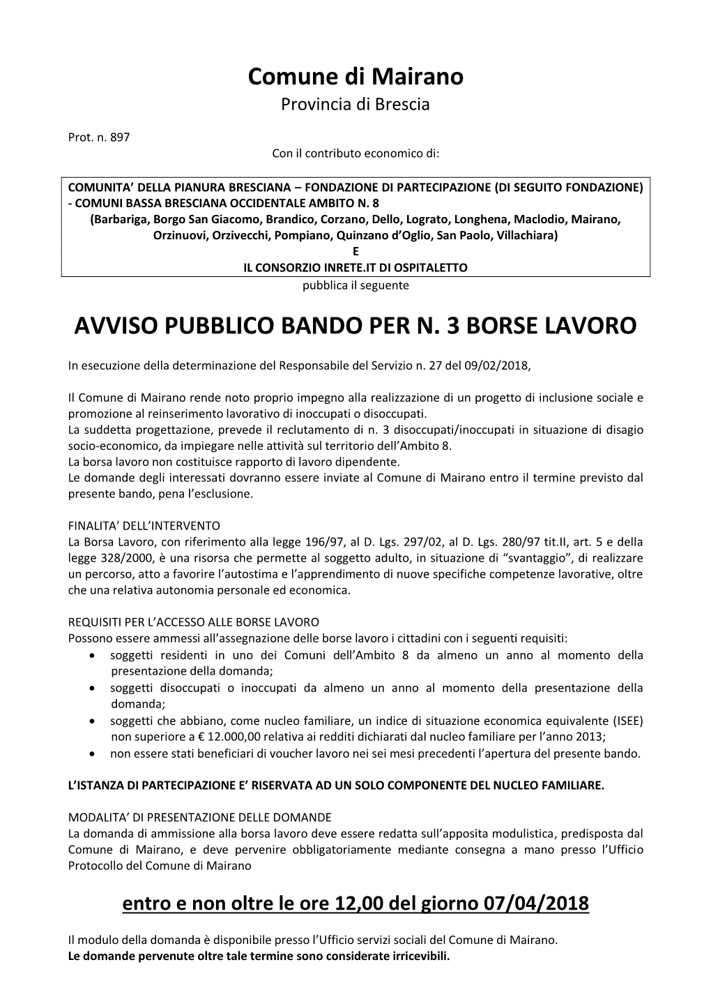 Comune Di Mairano AVVISO PUBBLICO BANDO PER N. 3