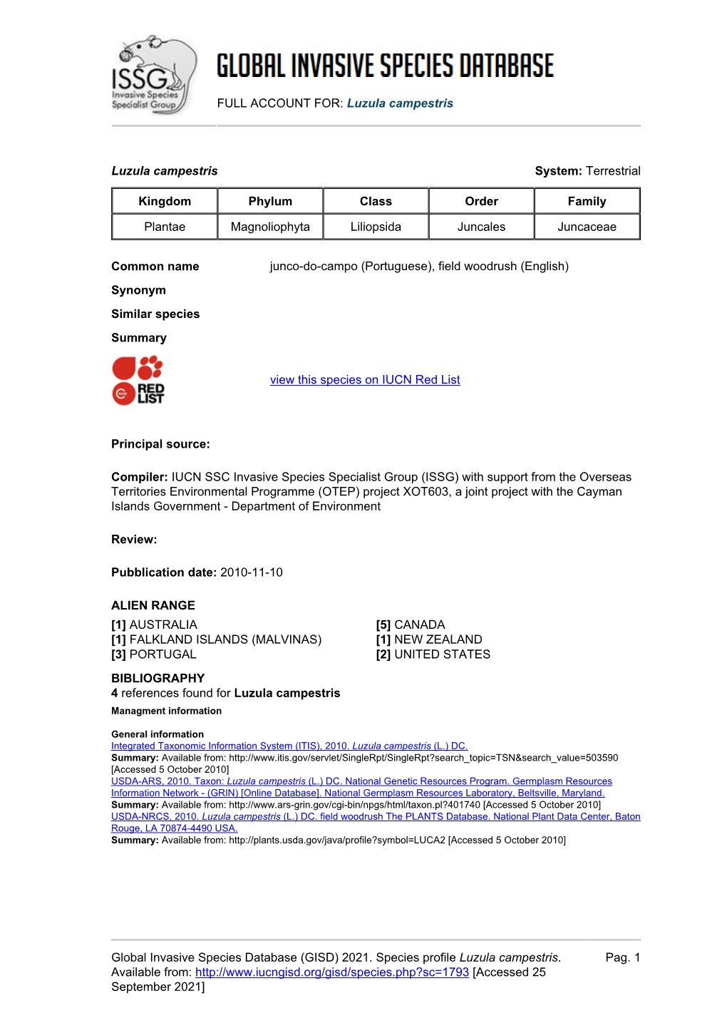 (GISD) 2021. Species Profile Luzula Campestris. Available F