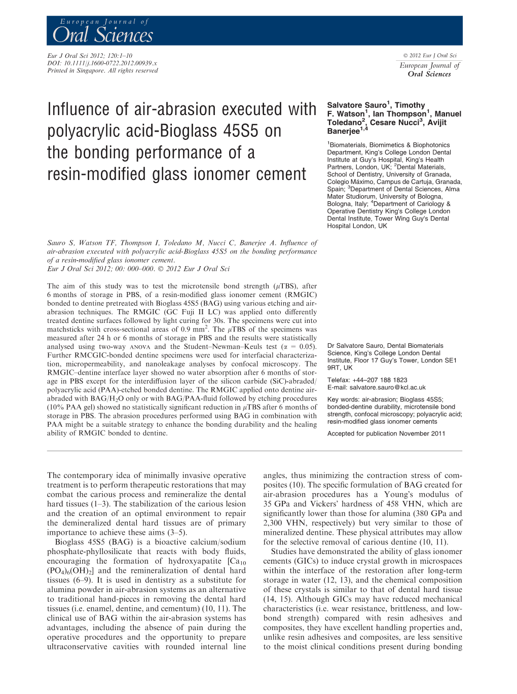 Influence of Air-Abrasion Executed with Polyacrylic Acid-Bioglass 45S5