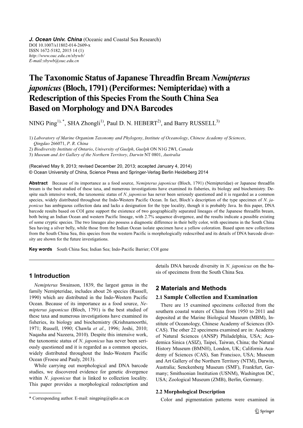 The Taxonomic Status of Japanese Threadfin Bream Nemipterus Japonicus(Bloch, 1791)