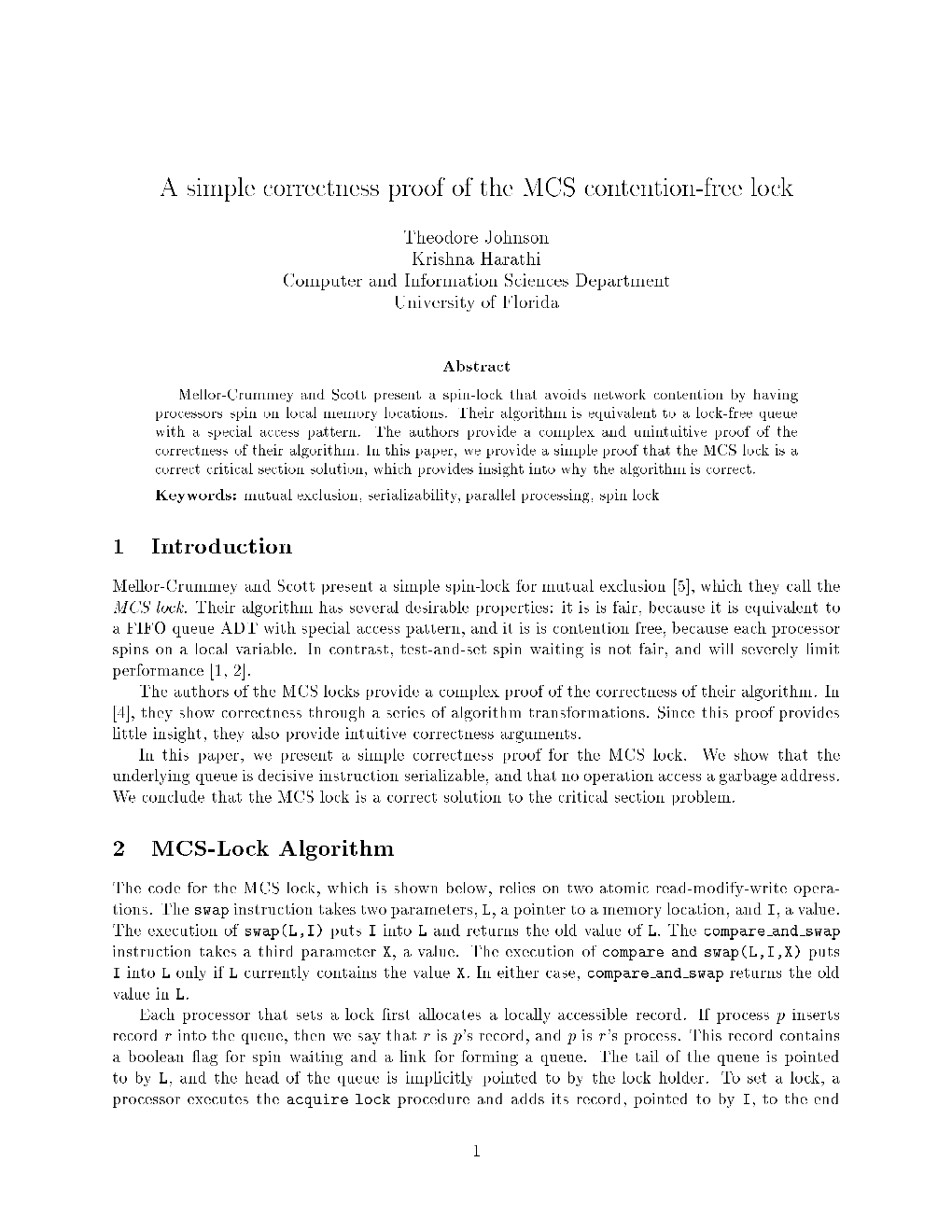 1 Introduction 2 MCS-Lock Algorithm