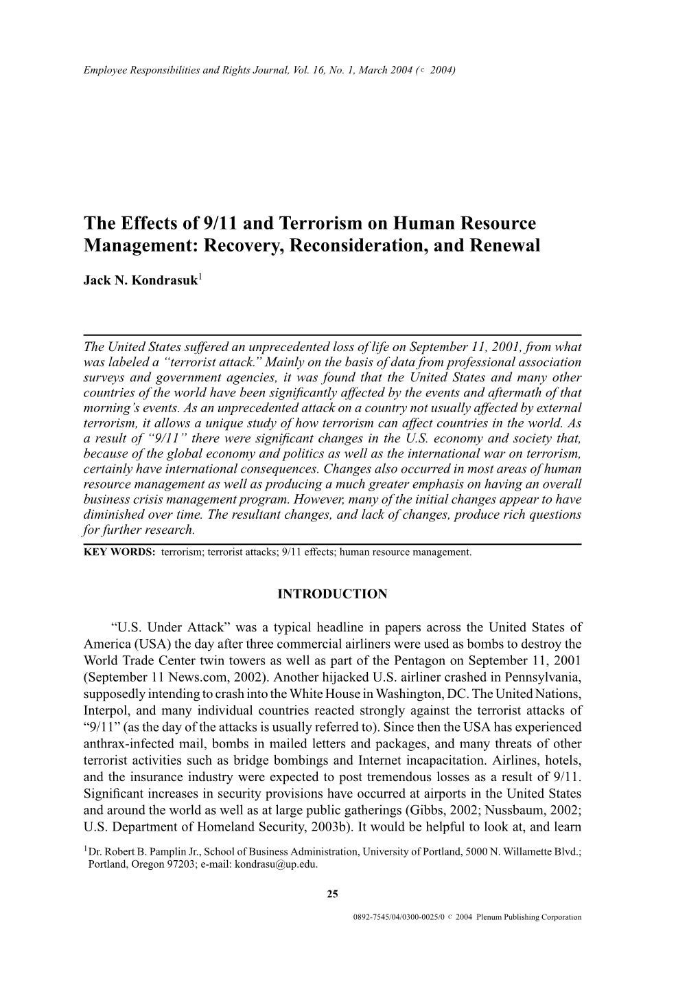 The Effects of 9/11 and Terrorism on Human Resource Management: Recovery, Reconsideration, and Renewal
