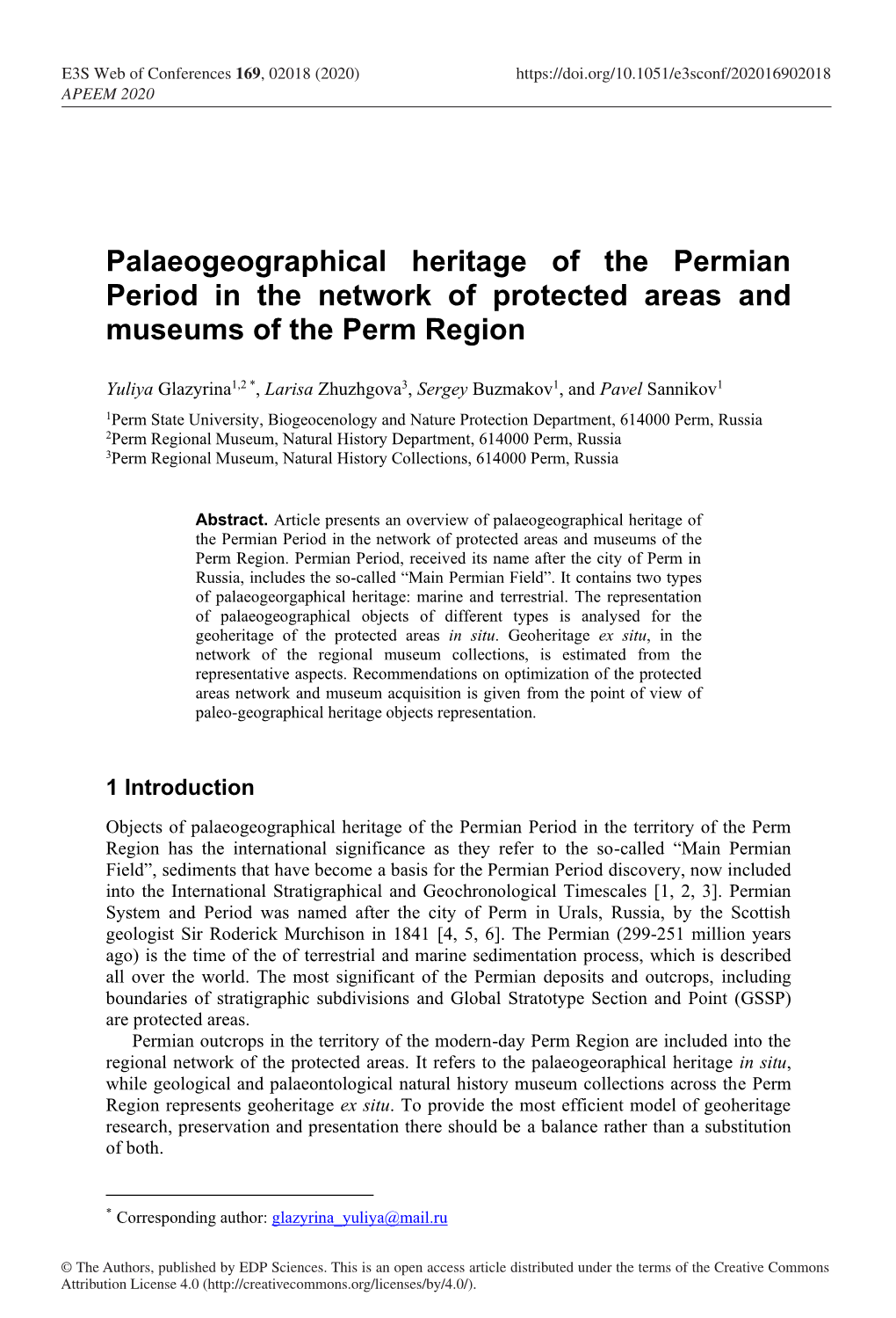 Palaeogeographical Heritage of the Permian Period in the Network of Protected Areas and Museums of the Perm Region