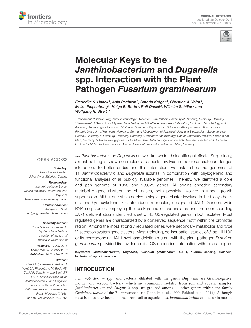 Molecular Keys to the Janthinobacterium and Duganella Spp. Interaction with the Plant Pathogen Fusarium Graminearum