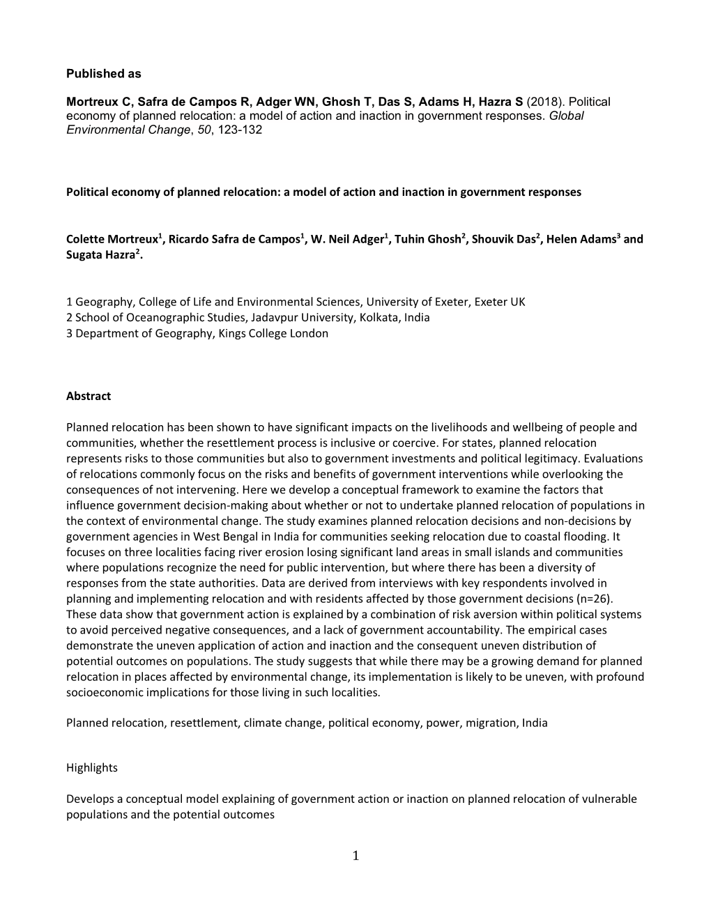 Political Economy of Planned Relocation: a Model of Action and Inaction in Government Responses