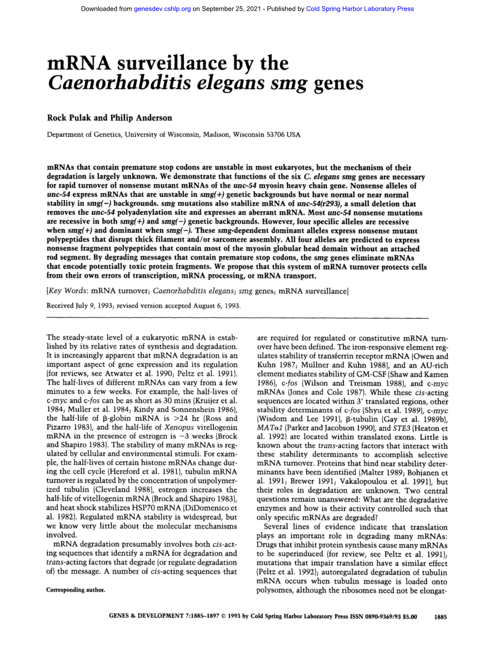 Mrna Surveillance by the Caenorhabditis Elegans Stag Genes