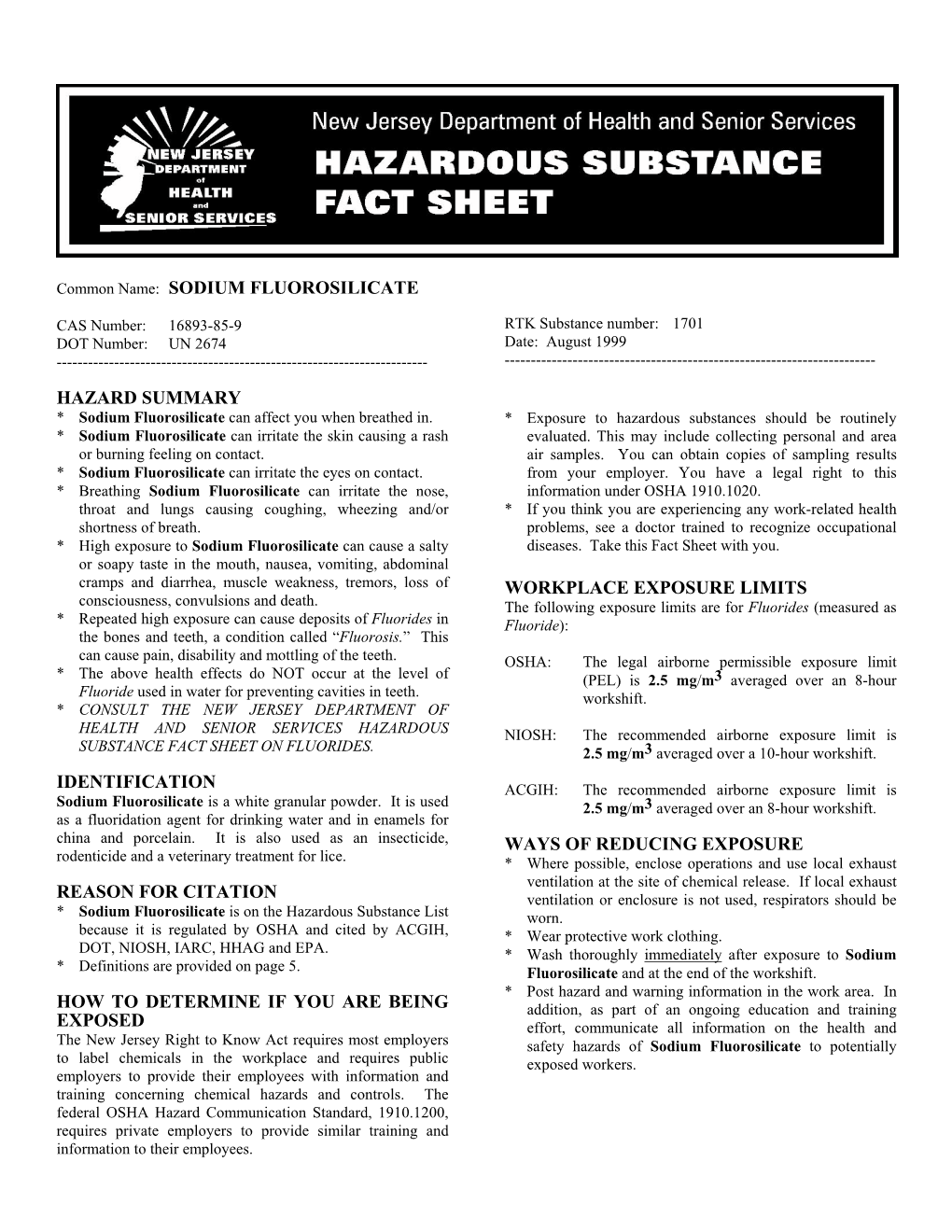 Sodium Fluorosilicate Hazard Summary Identification