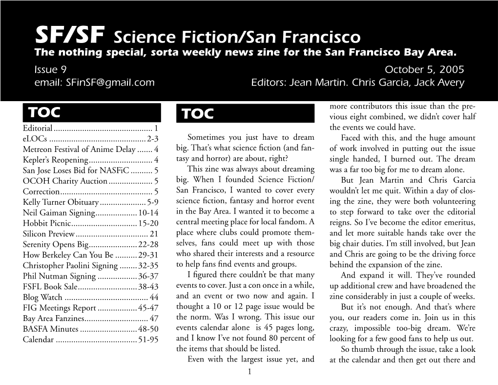 SF/SF Science Fiction/San Francisco the Nothing Special, Sorta Weekly News Zine for the San Francisco Bay Area