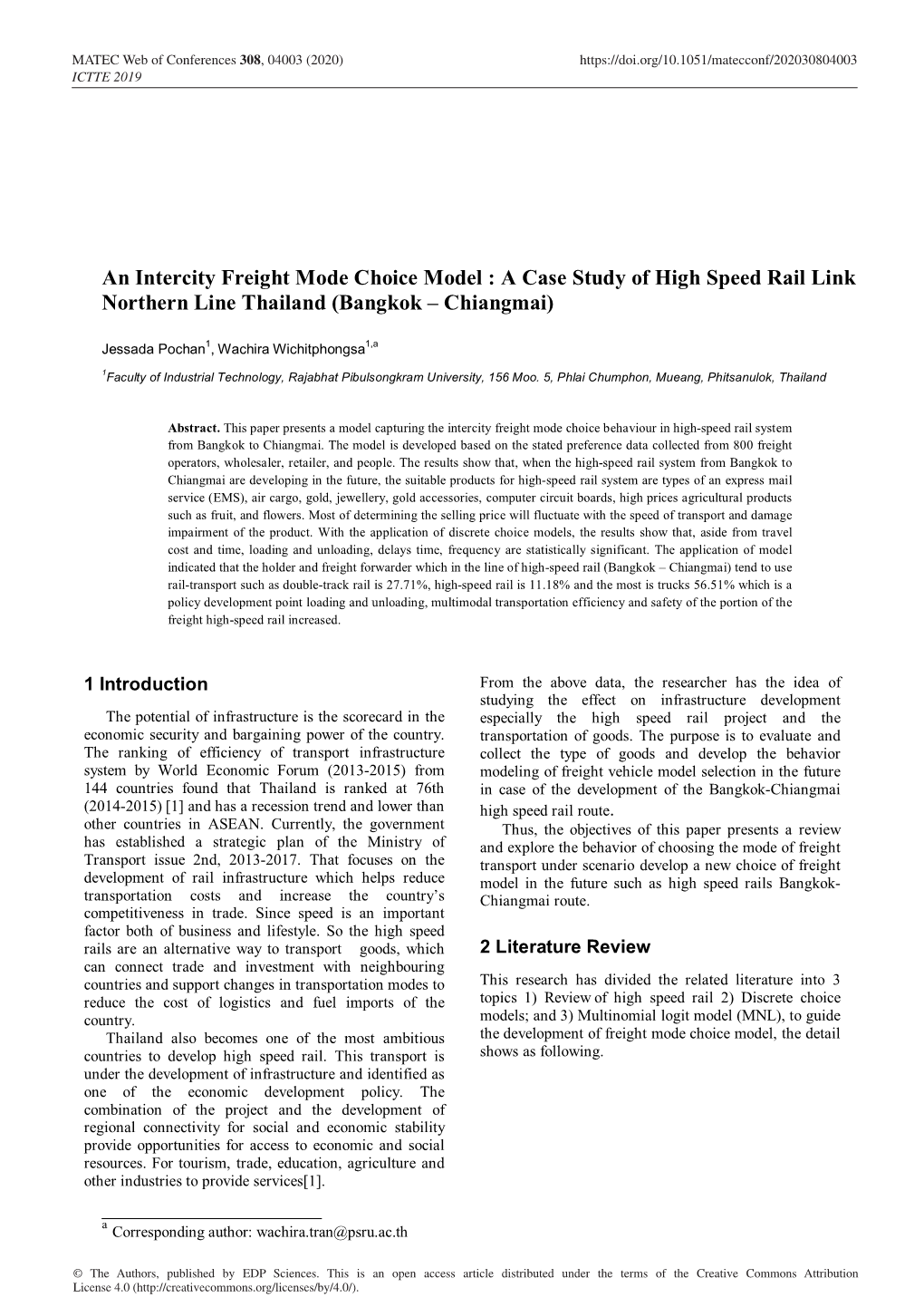An Intercity Freight Mode Choice Model : a Case Study of High Speed Rail Link Northern Line Thailand (Bangkok – Chiangmai)