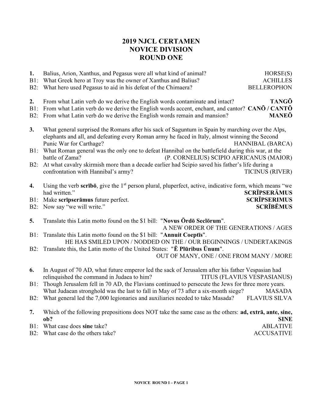 2019 Njcl Certamen Novice Division Round One