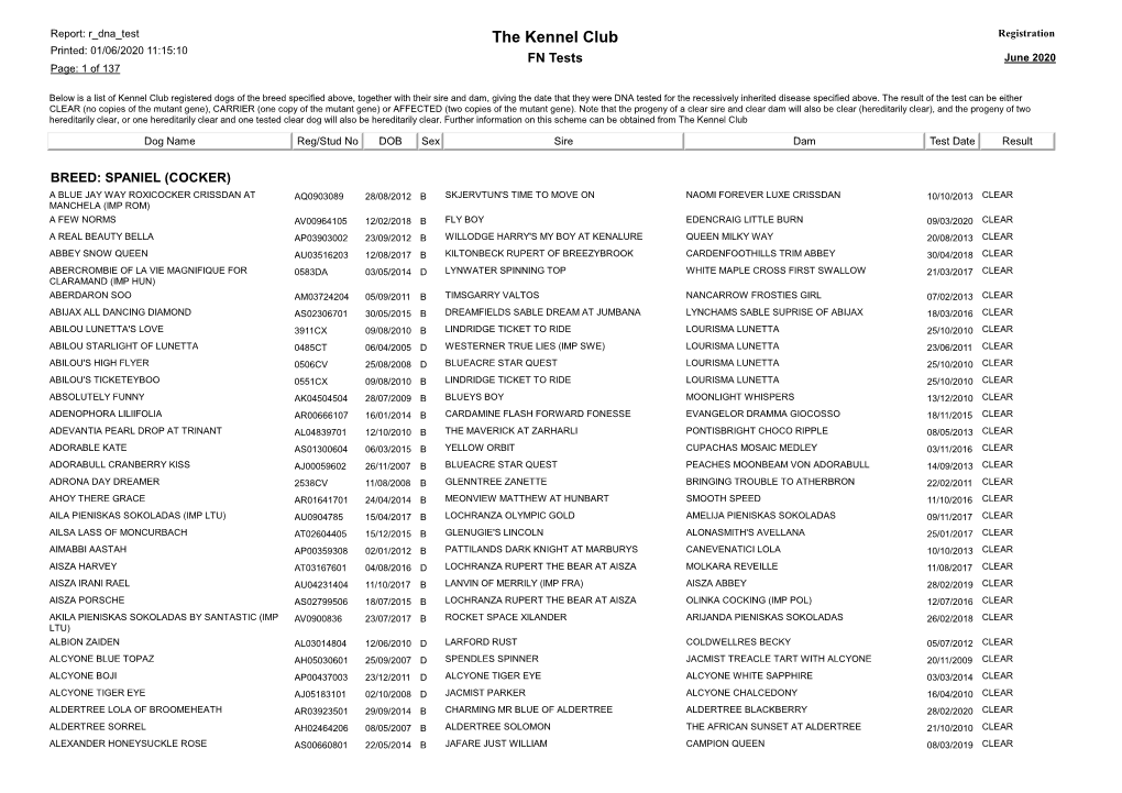 The Kennel Club Registration Printed: 01/06/2020 11:15:10 FN Tests June 2020 Page: 1 of 137