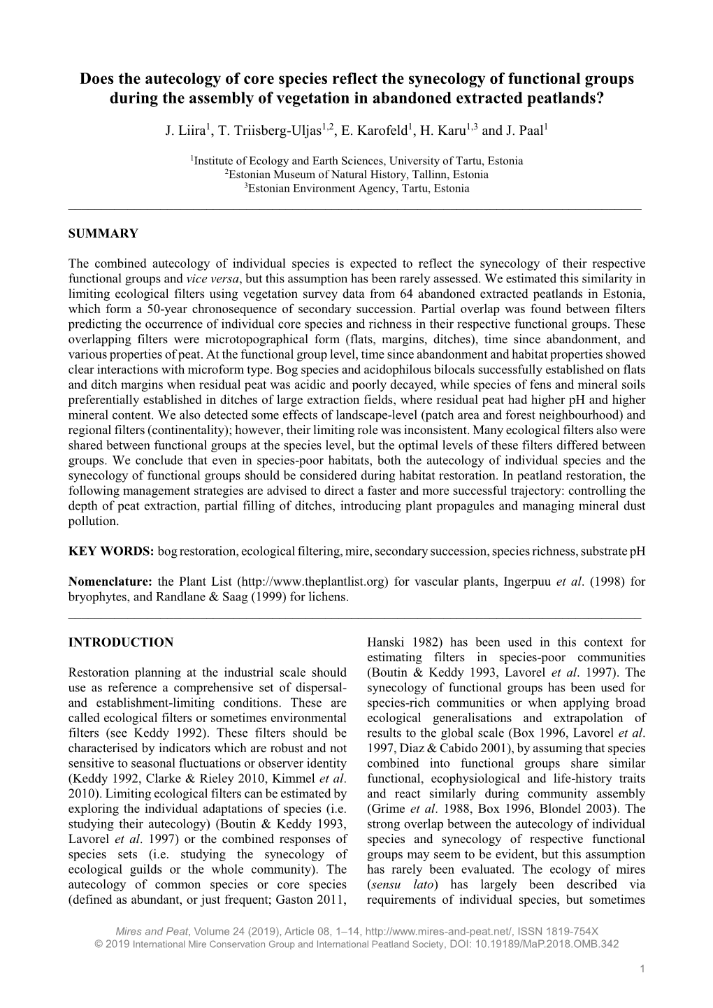 Does the Autecology of Core Species Reflect the Synecology of Functional Groups During the Assembly of Vegetation in Abandoned Extracted Peatlands?