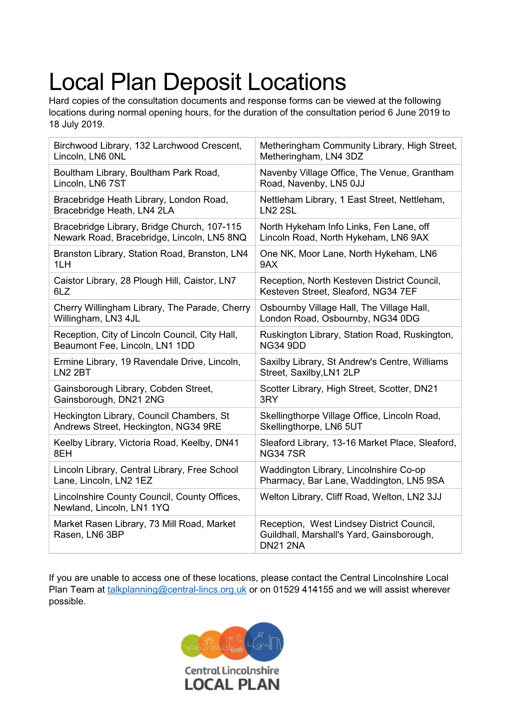 Local Plan Deposit Locations