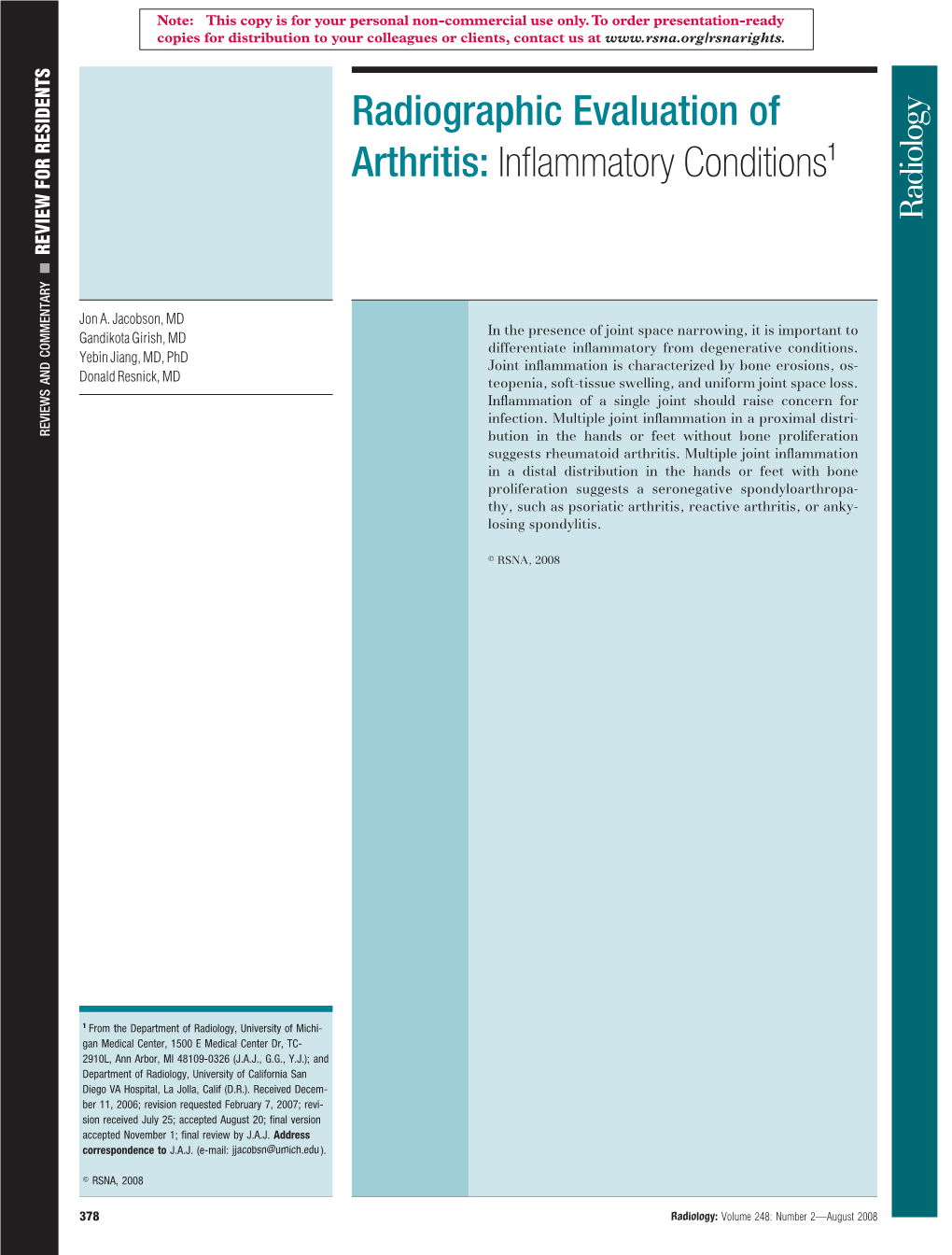 Radiographic Evaluation of Arthritis: Inflammatory Conditions1