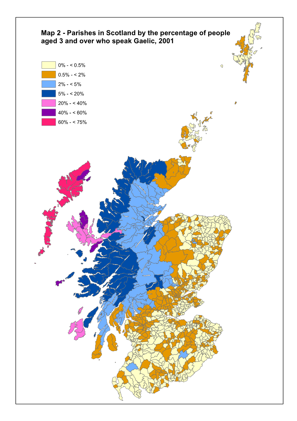 Map 2 - Parishes in Scotland by the Percentage of People Aged 3 and Over Who Speak Gaelic, 2001