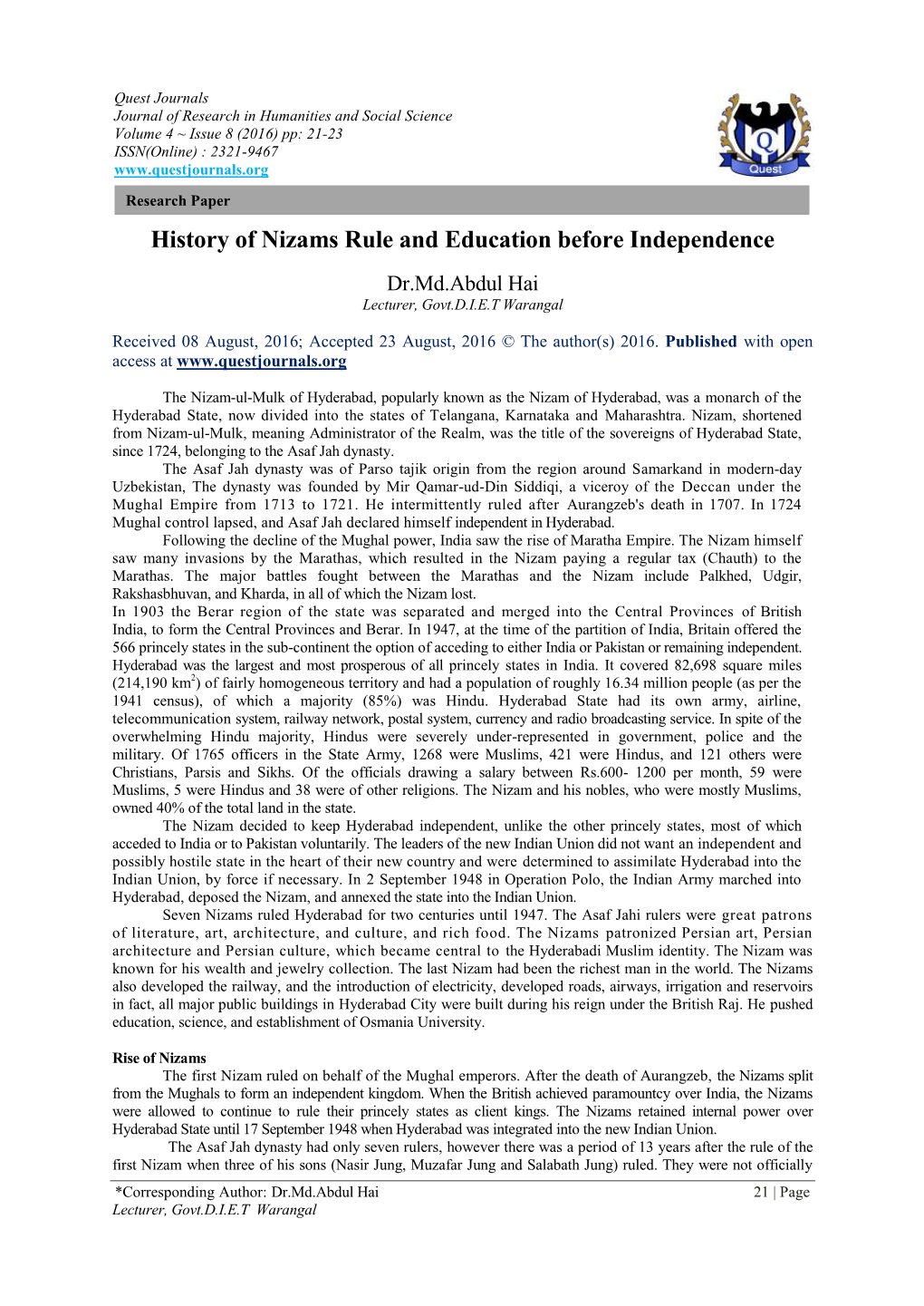 History of Nizams Rule and Education Before Independence