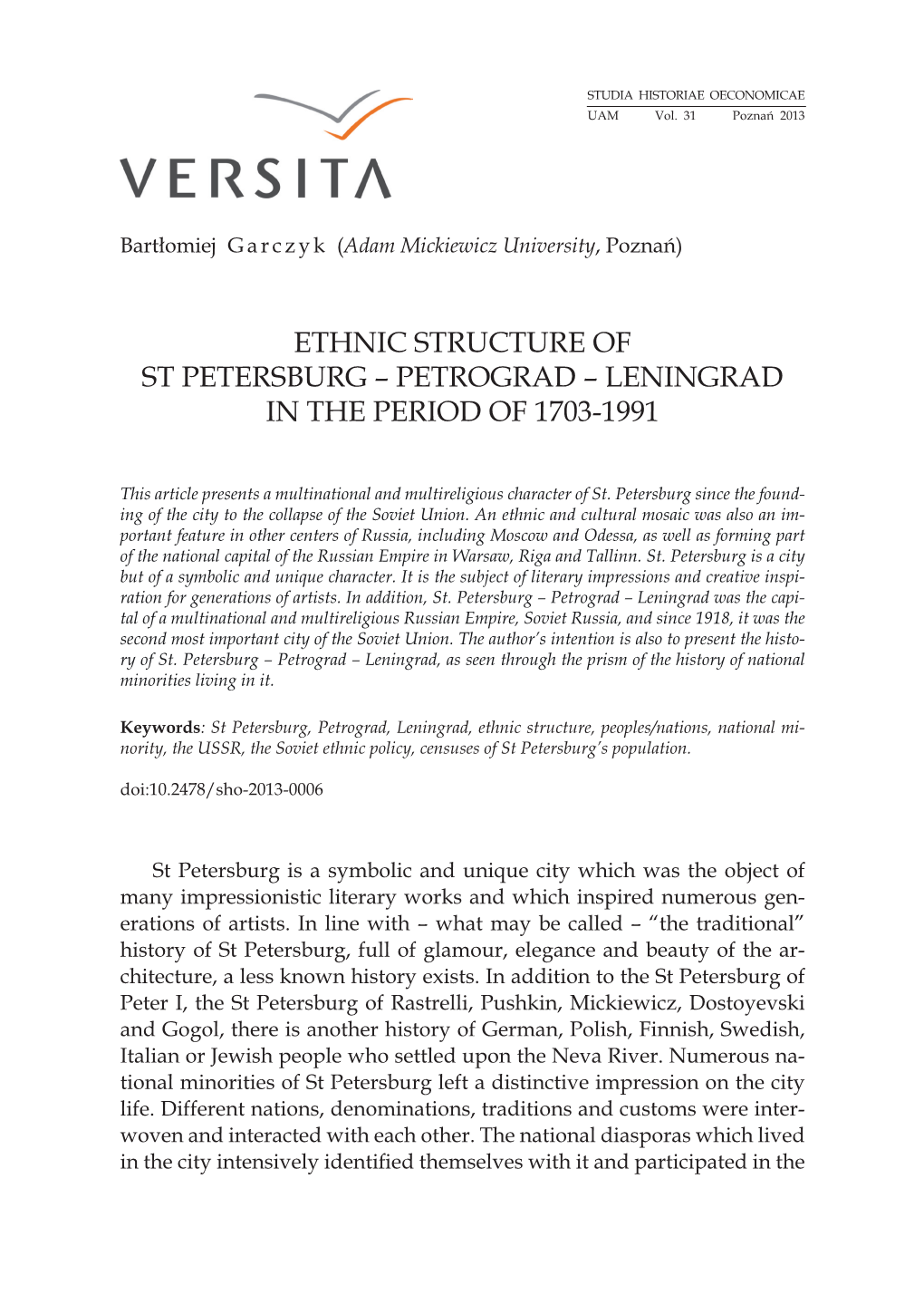 Ethnic Structure of St Petersburg – Petrograd – Leningrad in the Period of 1703-1991