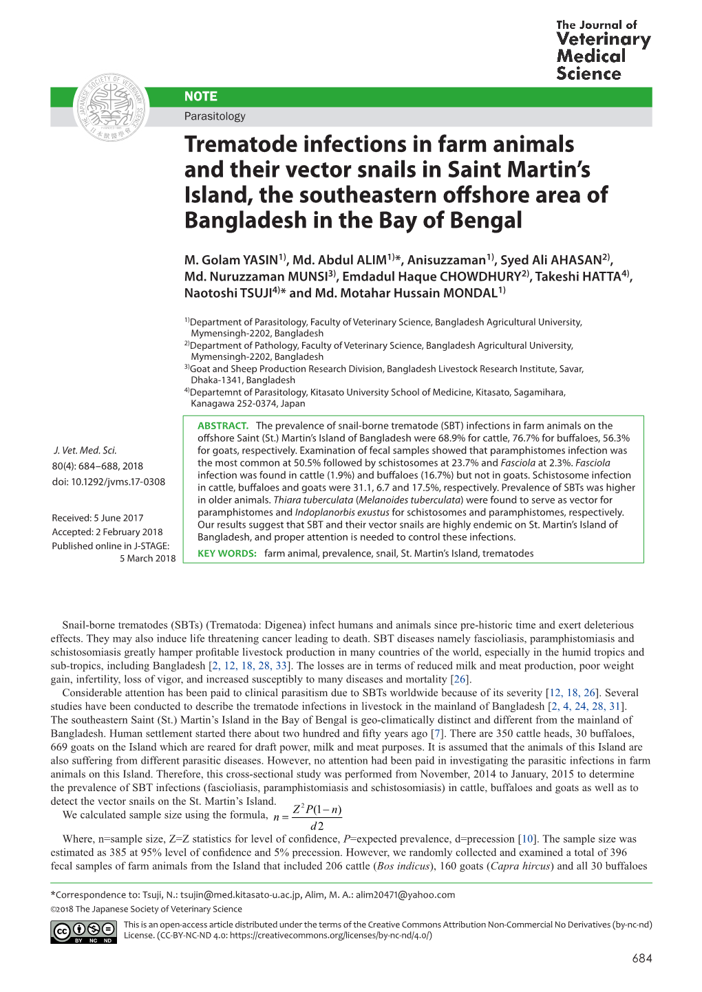 Trematode Infections in Farm Animals and Their Vector Snails in Saint Martin’S Island, the Southeastern Offshore Area of Bangladesh in the Bay of Bengal