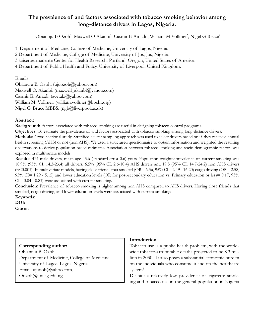 The Prevalence of and Factors Associated with Tobacco Smoking Behavior Among Long-Distance Drivers in Lagos, Nigeria