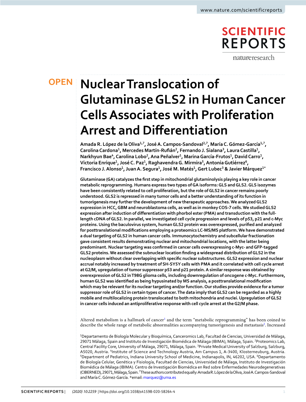 Nuclear Translocation of Glutaminase GLS2 in Human Cancer Cells Associates with Proliferation Arrest and Diferentiation Amada R