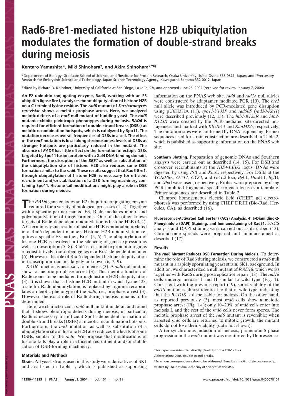 Rad6-Bre1-Mediated Histone H2B Ubiquitylation Modulates the Formation of Double-Strand Breaks During Meiosis