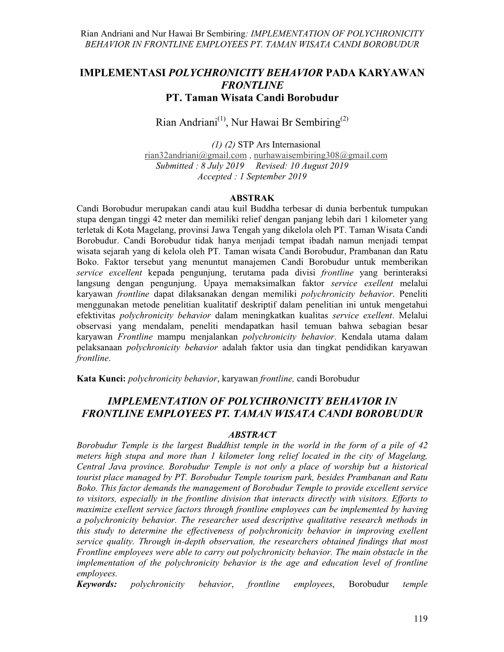 Implementasi Polychronicity Behavior Pada Karyawan Frontline Pt