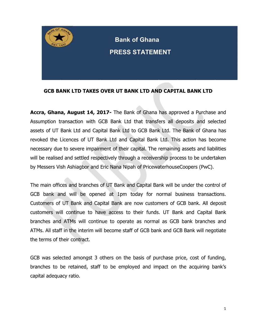 Bank of Ghana PRESS STATEMENT