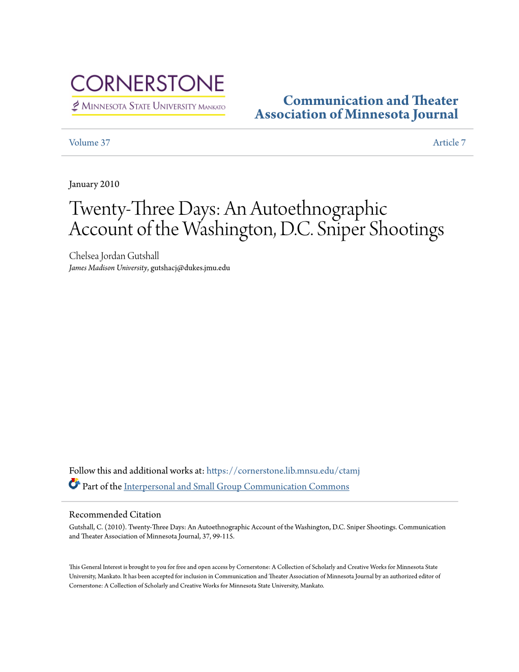 An Autoethnographic Account of the Washington, DC Sniper Shootings