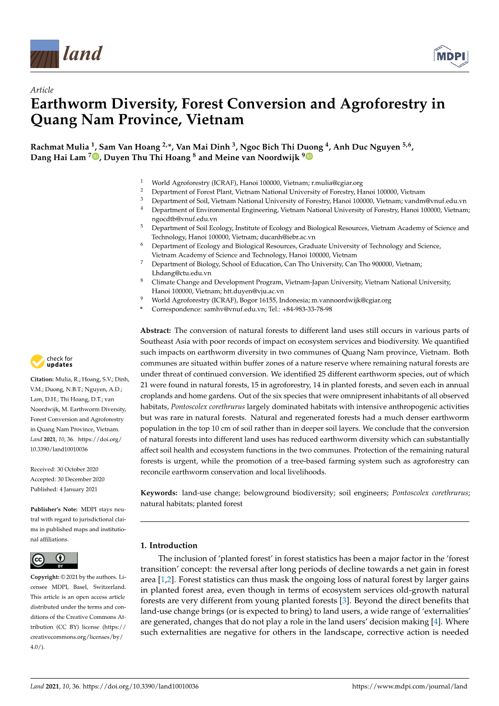Earthworm Diversity, Forest Conversion and Agroforestry in Quang Nam Province, Vietnam