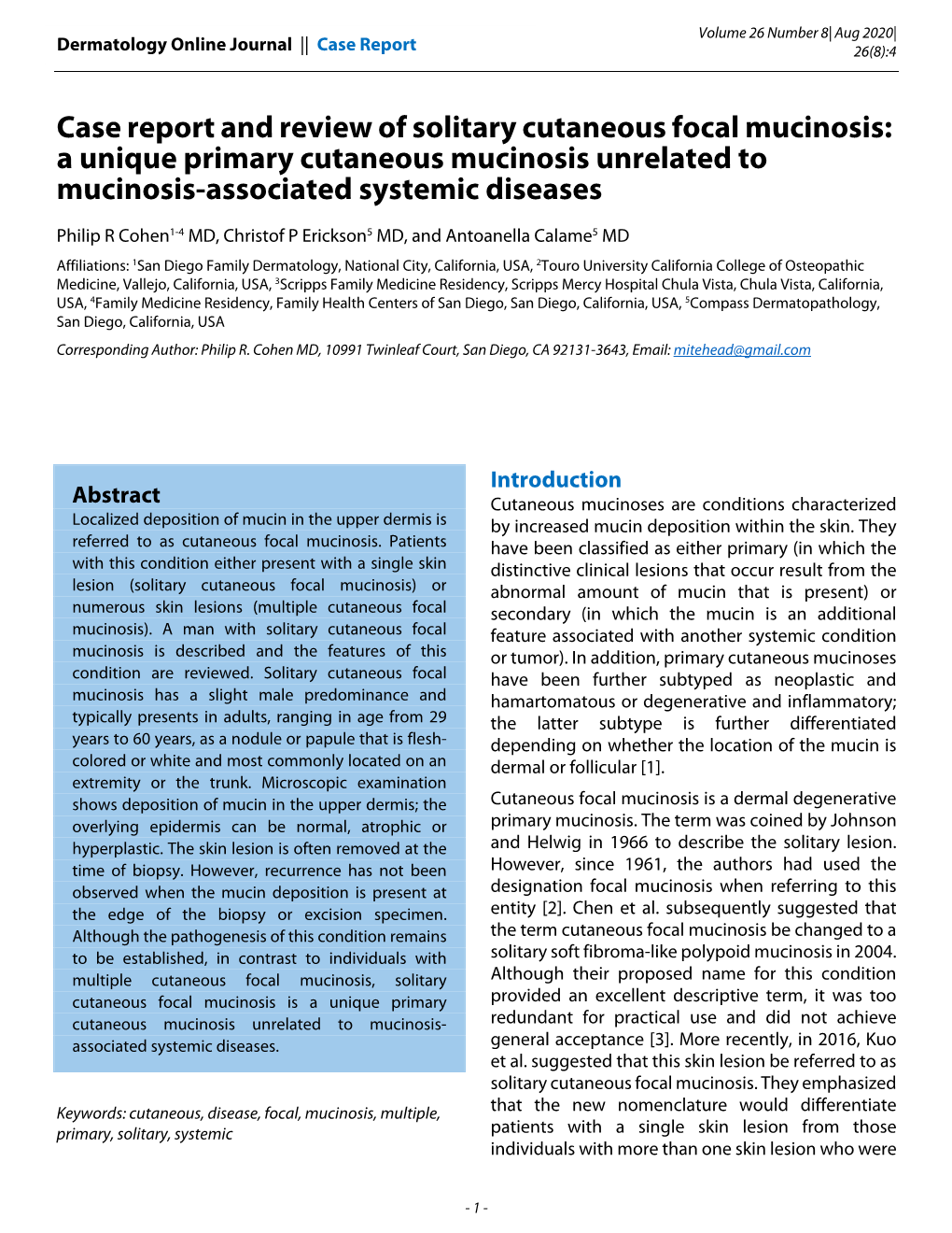 Case Report and Review of Solitary Cutaneous Focal Mucinosis: a Unique Primary Cutaneous Mucinosis Unrelated to Mucinosis-Associated Systemic Diseases