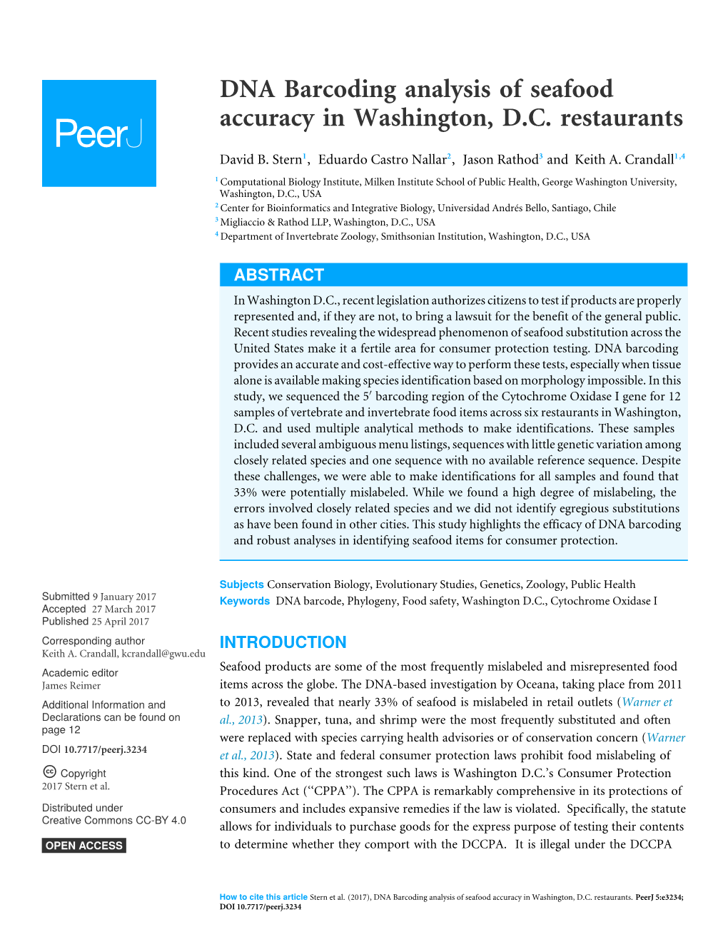 DNA Barcoding Analysis of Seafood Accuracy in Washington, D.C. Restaurants