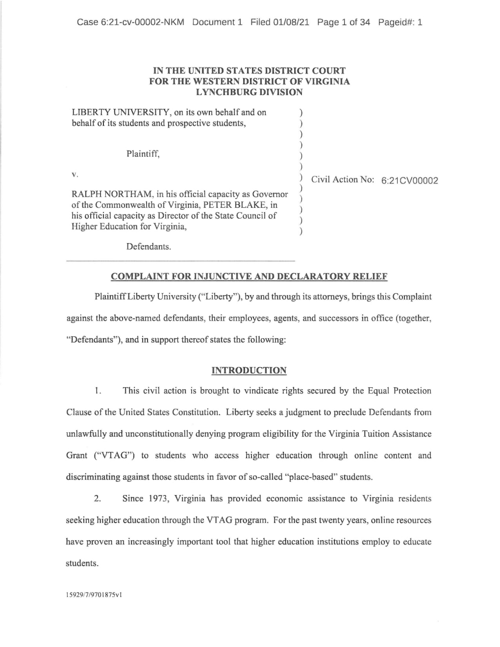 Case 6:21-Cv-00002-NKM Document 1 Filed 01/08/21 Page 1 of 34 Pageid#: 1