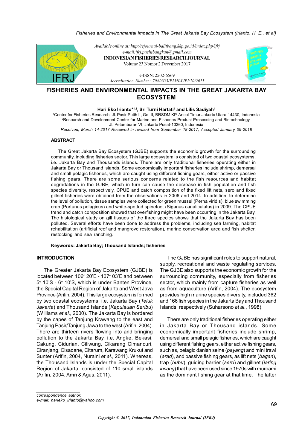 Fisheries and Environmental Impacts in the Great Jakarta Bay Ecosystem (Irianto, H