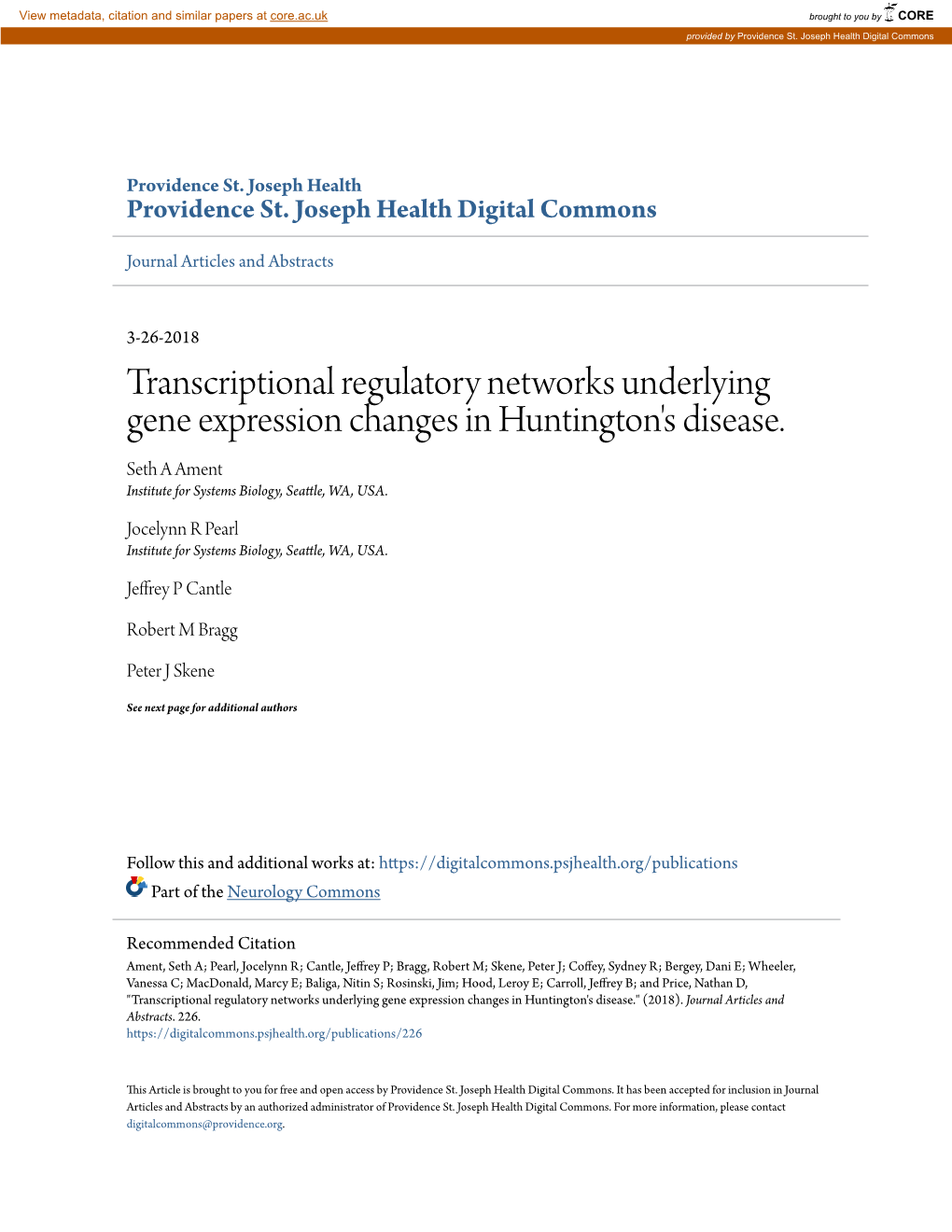 Transcriptional Regulatory Networks Underlying Gene Expression Changes in Huntington's Disease