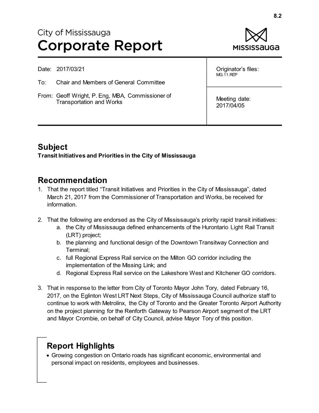 Transit Initiatives and Priorities in the City of Mississauga