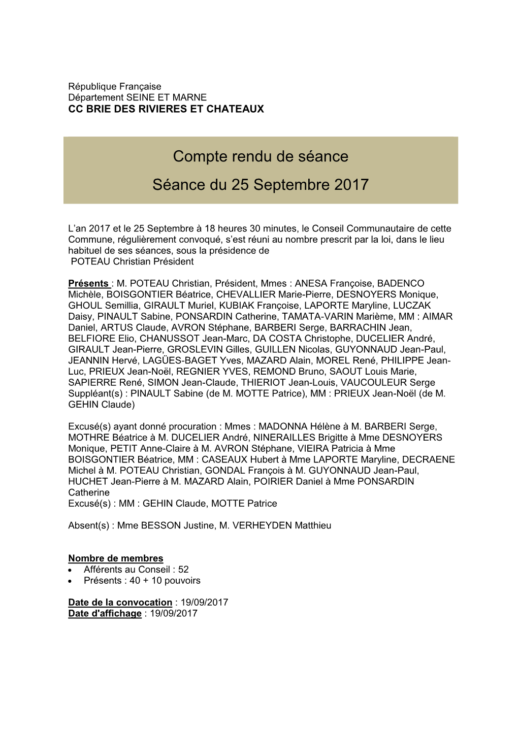 Compte Rendu De Séance Séance Du 25 Septembre 2017