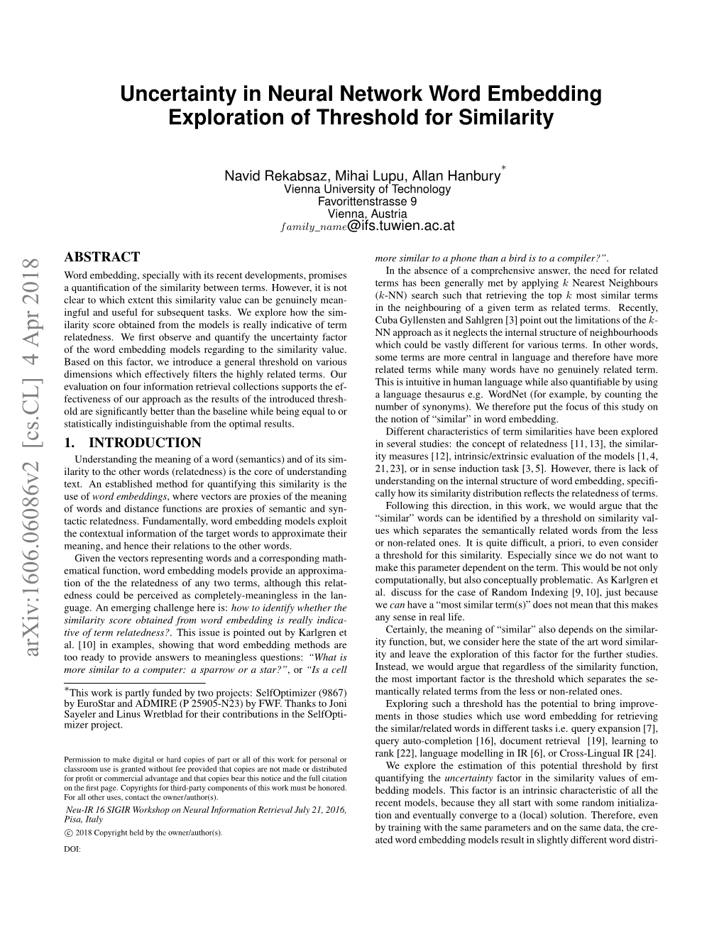 Uncertainty in Neural Network Word Embedding Exploration of Threshold for Similarity
