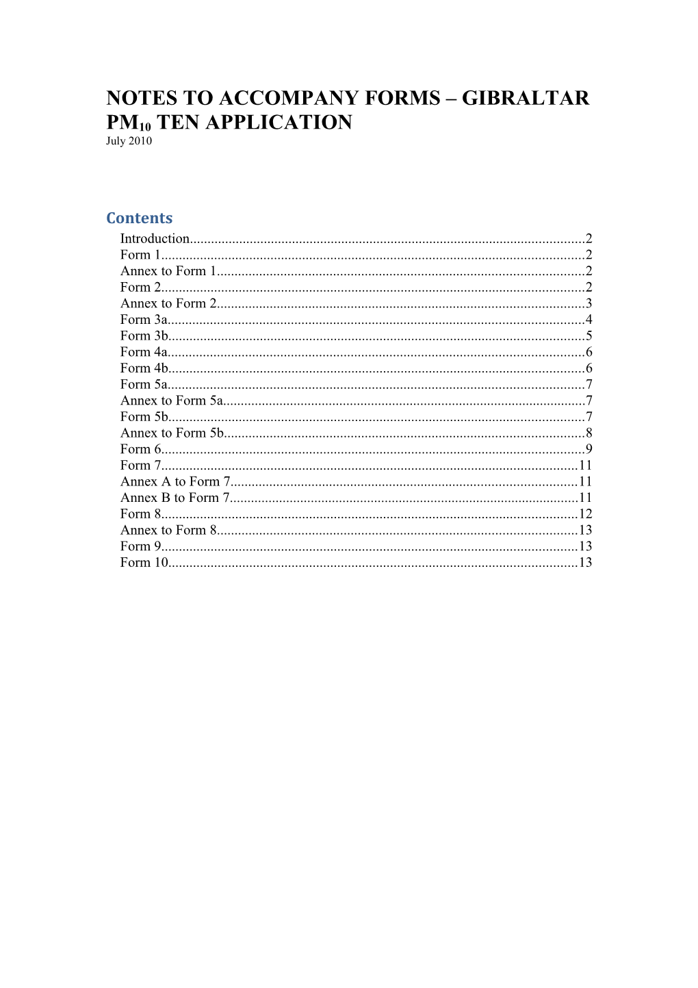 Notes to Accompany Forms Gibraltar Pm10 Ten Application