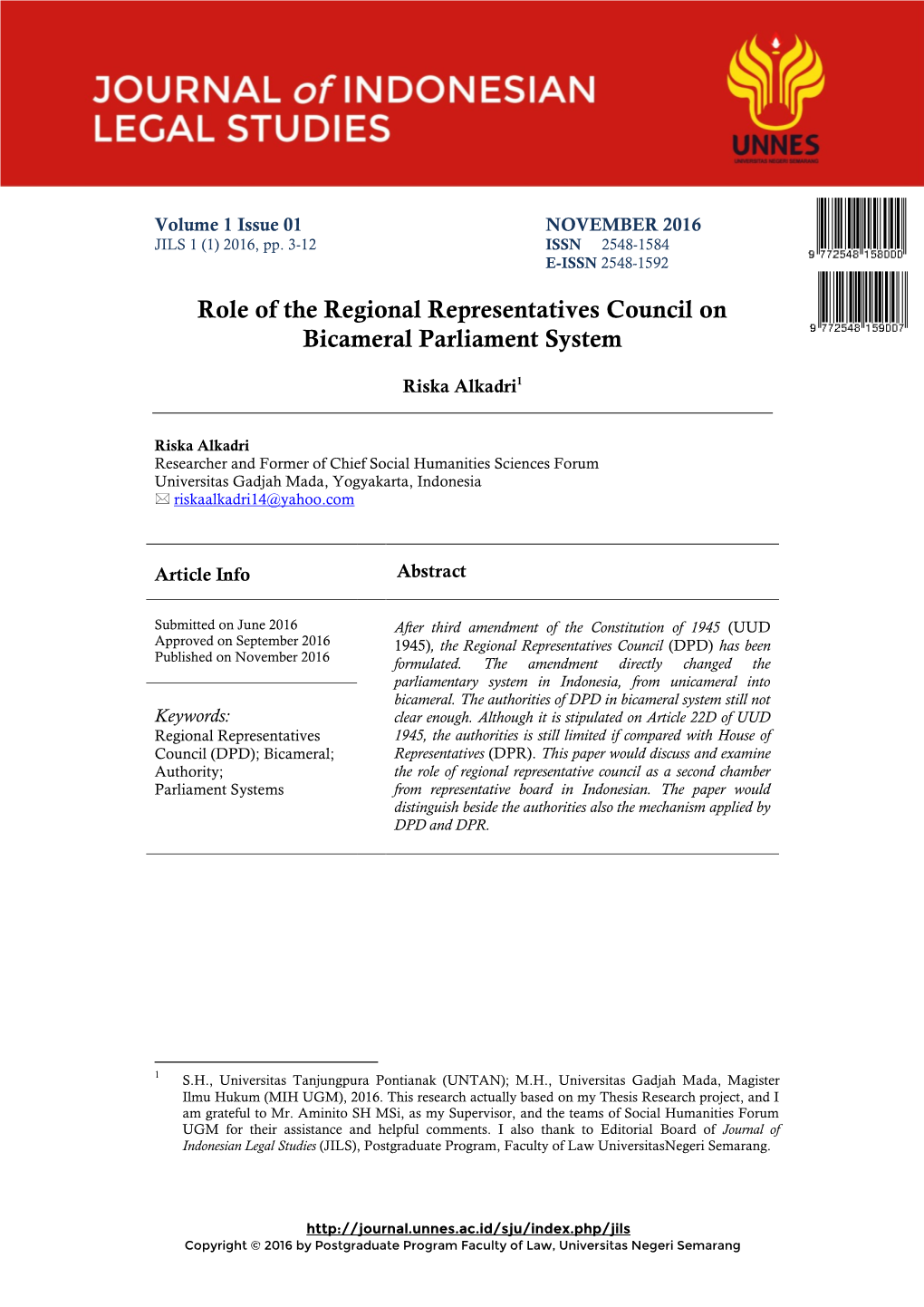 Role of the Regional Representatives Council on Bicameral Parliament System