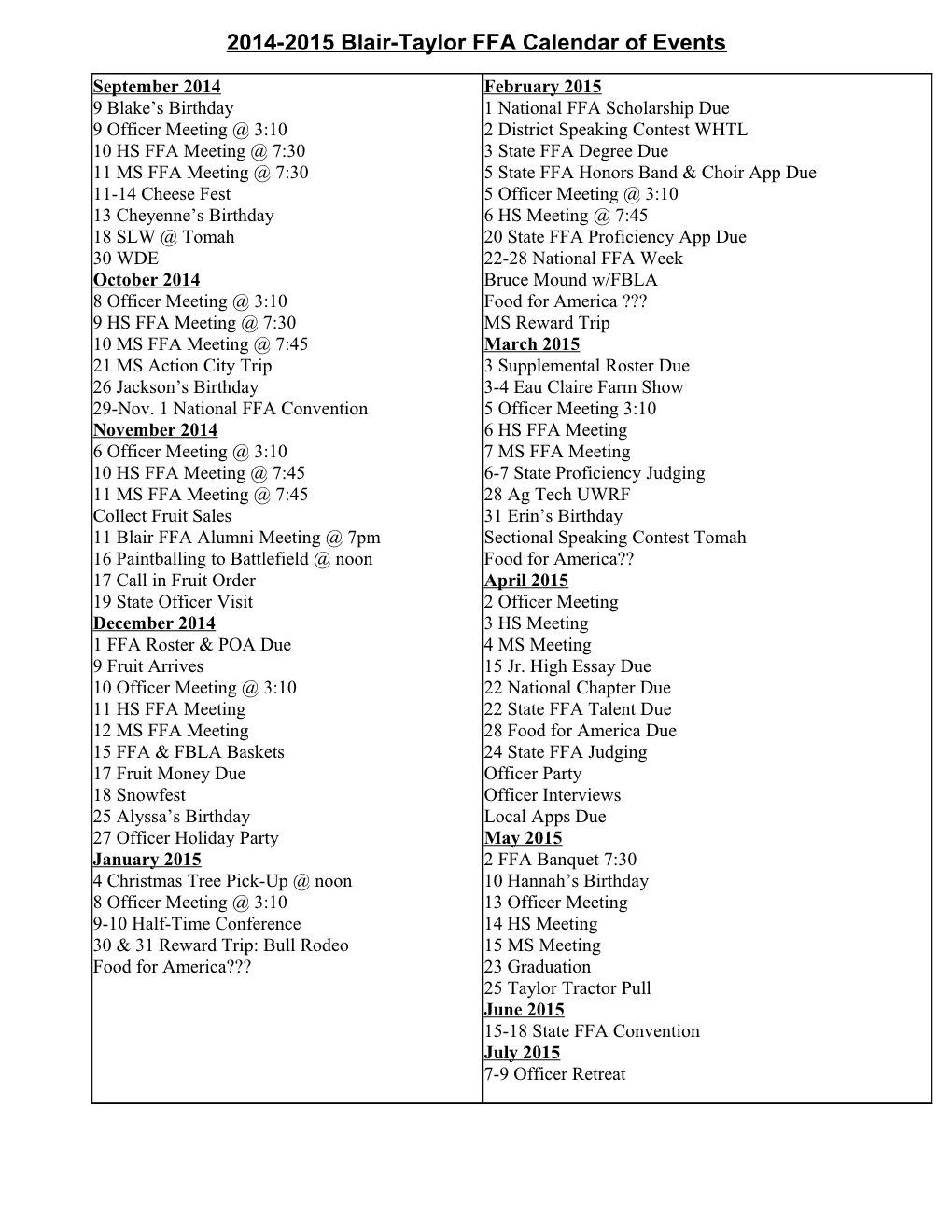 2014-2015 Blair-Taylor FFA Calendar of Events