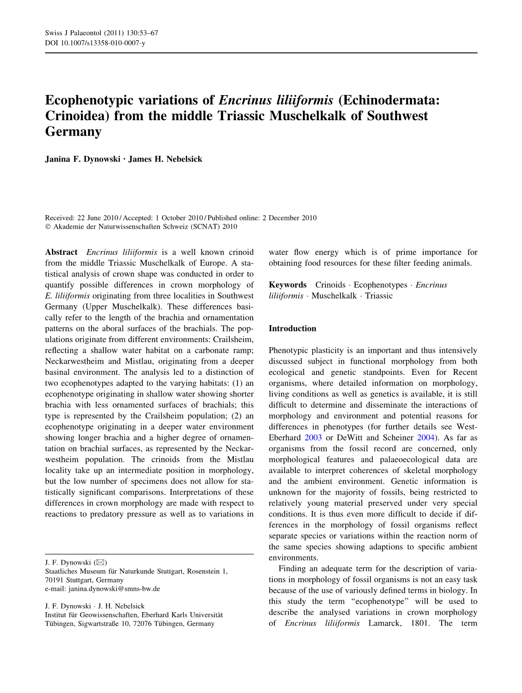 Ecophenotypic Variations of Encrinus Liliiformis (Echinodermata: Crinoidea) from the Middle Triassic Muschelkalk of Southwest Germany