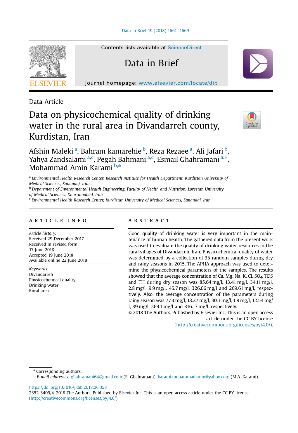 Data on Physicochemical Quality of Drinking Water in the Rural Area in Divandarreh County, Kurdistan, Iran