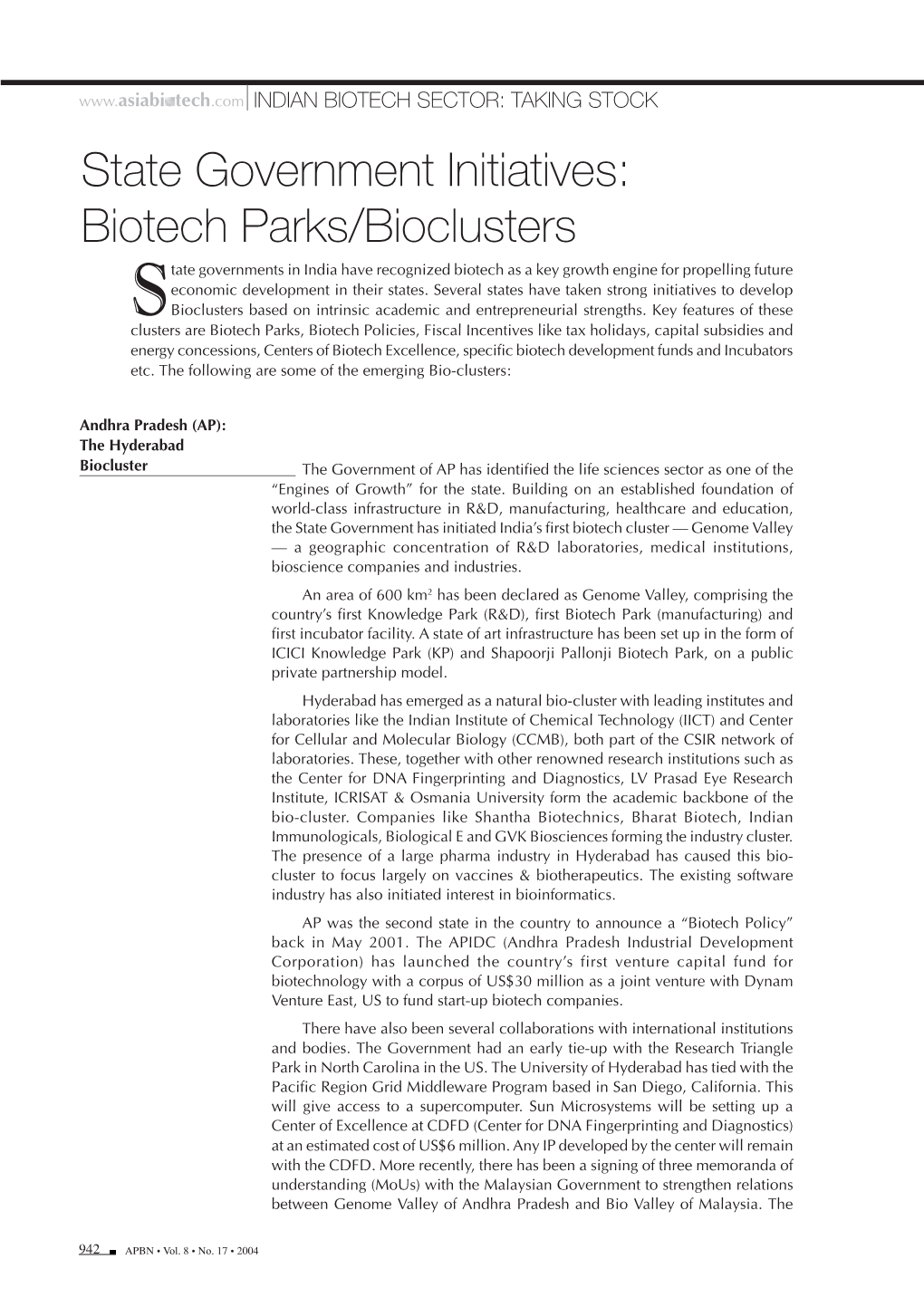 State Government Initiatives: Biotech Parks/Bioclusters