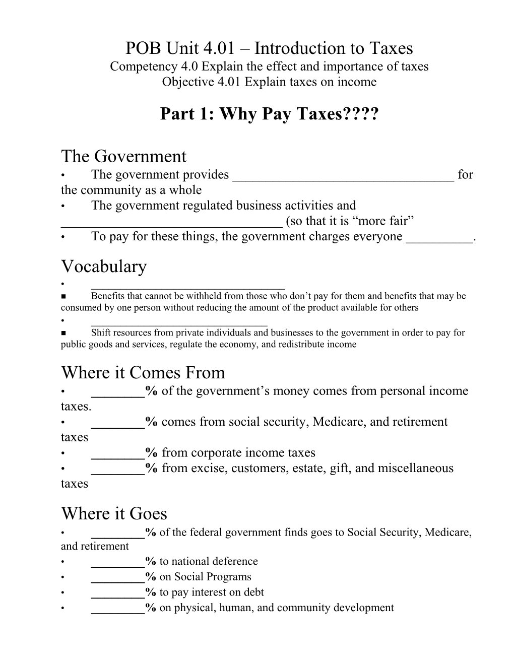 Competency 4.0 Explain the Effect and Importance of Taxes